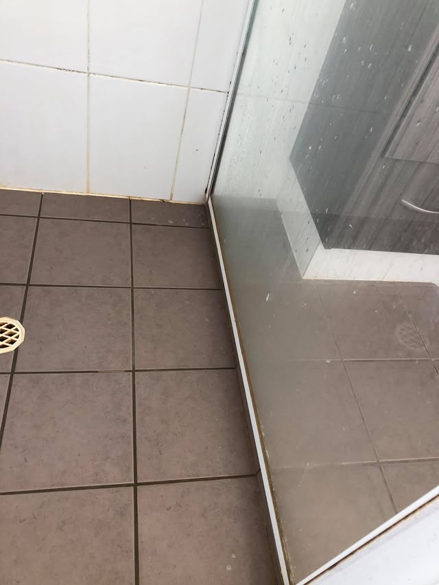 Mouldy shower screen track and frame at the tiled floor before cleaning