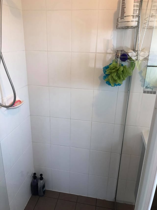 White tiled shower walls after cleaning, with caddy and accessories